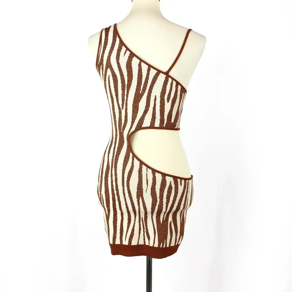Retrofete Dimi Zebra Mini Dress Brown Cream Cut Out Sleeveless Ribbed Knit XS - Picture 6 of 8